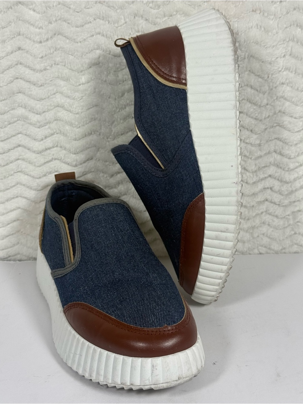 Slip-On Denim & Brown Leather Accent Sneakers